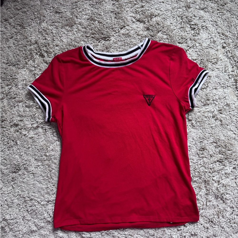 Guess Red Short Sleeve Tee with Sporty Stripes